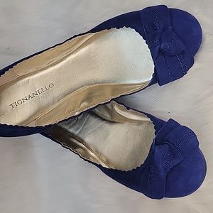 TIGNANELLO Soul Blue Suede Scalloped Edge Bow Preppy Casual Party Ballet Flats 9
